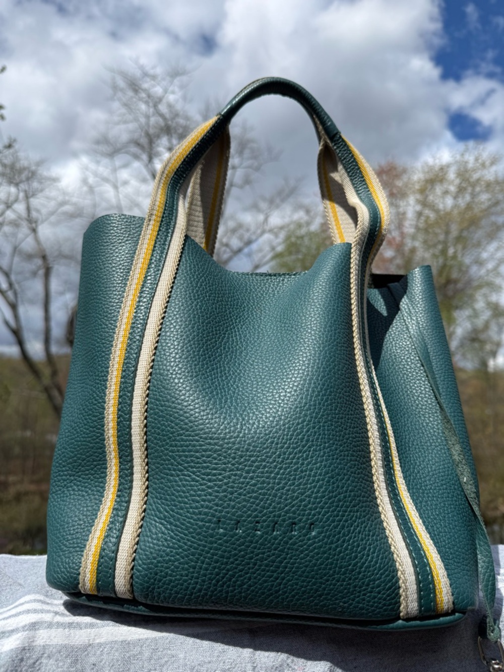 Teal Pebbled Leather Tote with Striped Handles